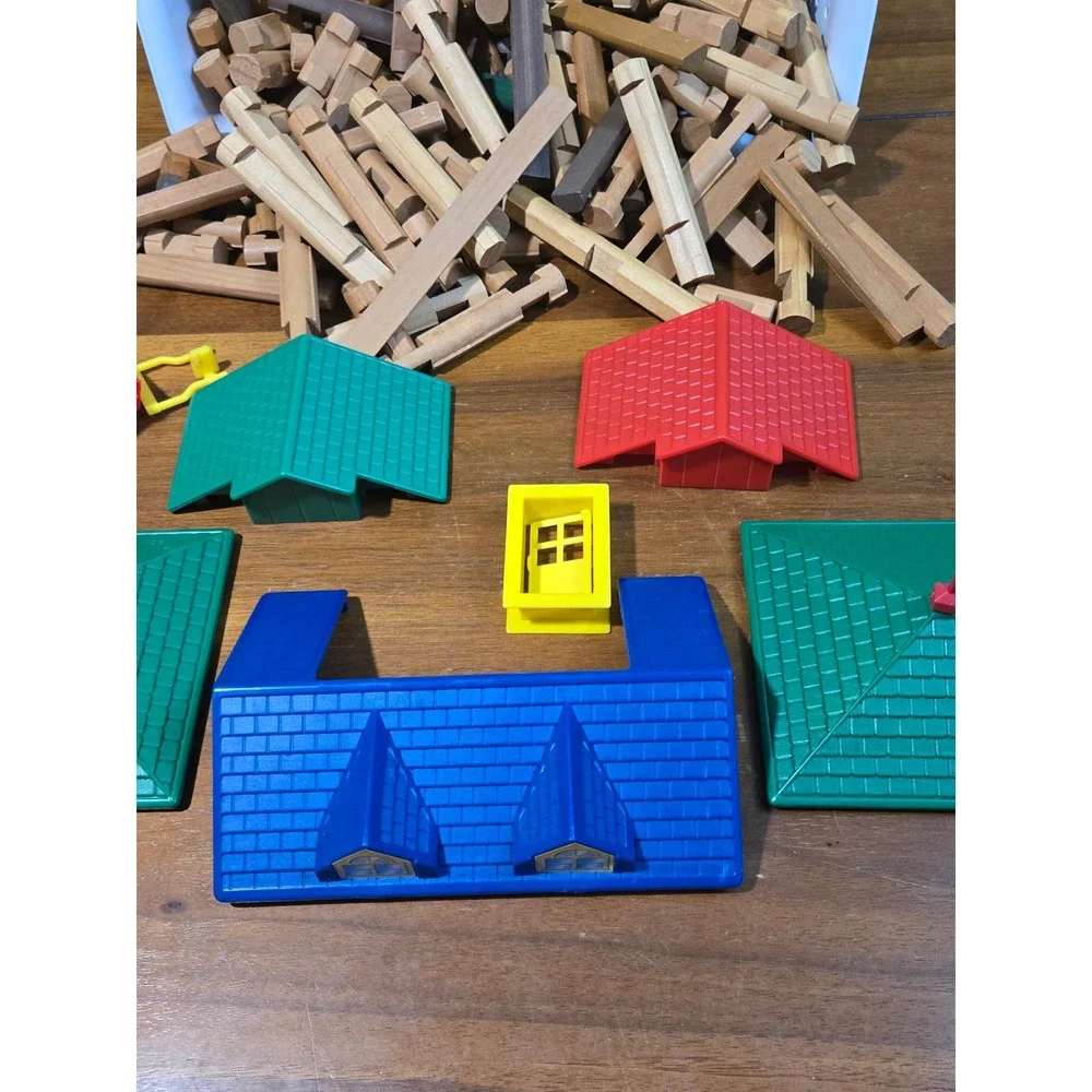Vintage Lincoln Logs Wooden Building Set Bulk Lot Roofs Door Wagon Flag
